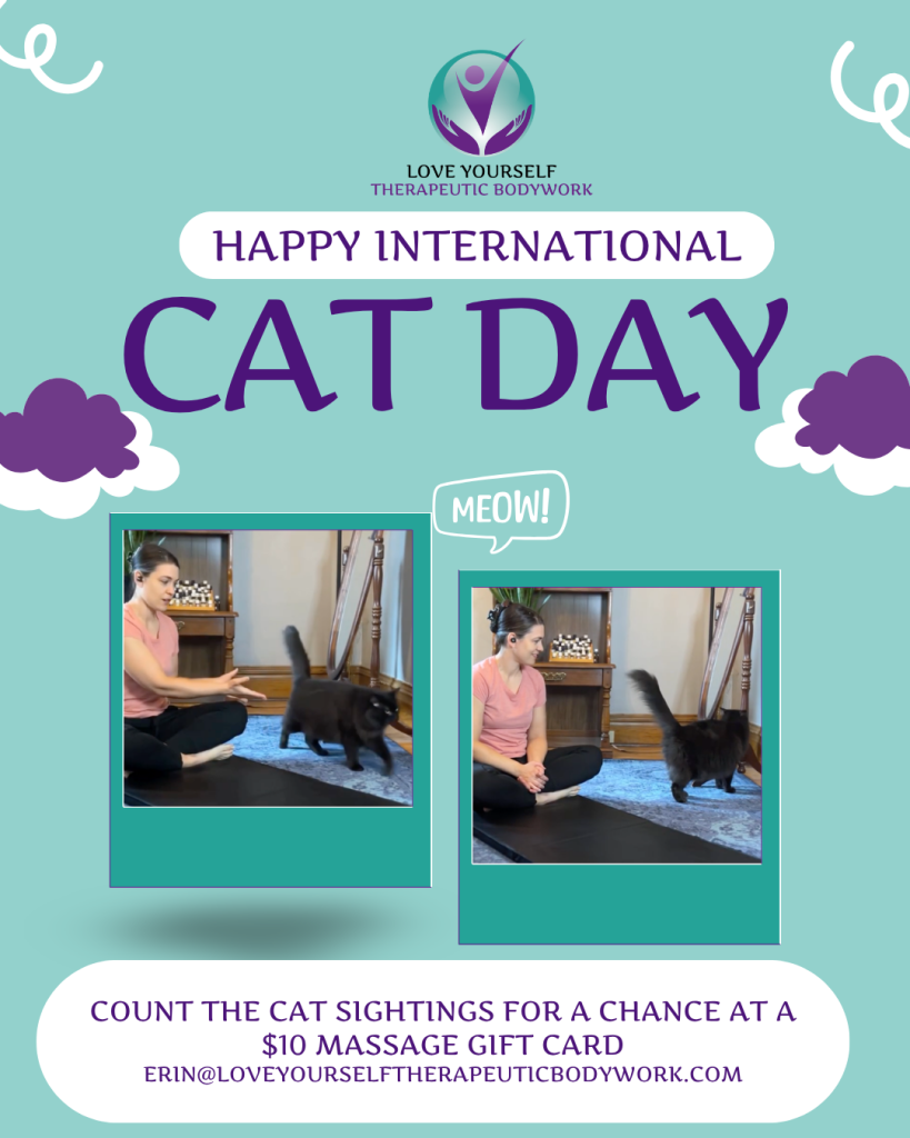 Social media content created for digital marketing client Love Yourself Therapeutic Bodywork featuring two photos of a woman with a black cat during a stretching session. The graphic reads "LOVE YOURSELF THERAPEUTIC BODYWORK." "HAPPY INTERNATIONAL CAT DAY." "CAT DAY." "MEOW." "COUNT THE CAT SIGHTINGS FOR A CHANCE AT A $10 MASSAGE GIFT CARD." "ERIN@LOVEYOURSELFTHERAPEUTICBODYWORK.COM."