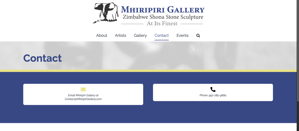 Screenshot of Mhiripiri Gallery website showcasing updated professional email and phone number. 