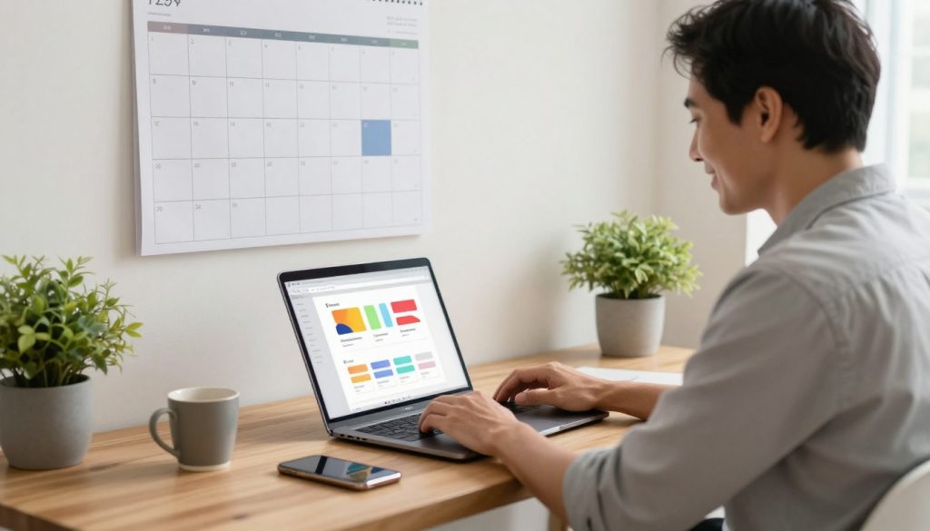 Business owner at an organized desk with a laptop, smartphone, calendar, coffee, and plant.