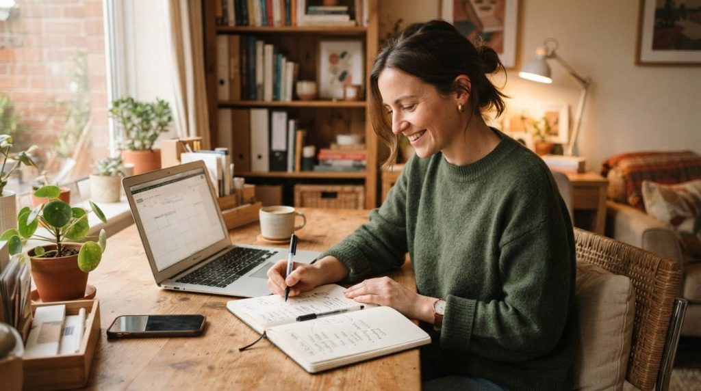A business owner plans social media content with a laptop and notebook at a wooden desk.